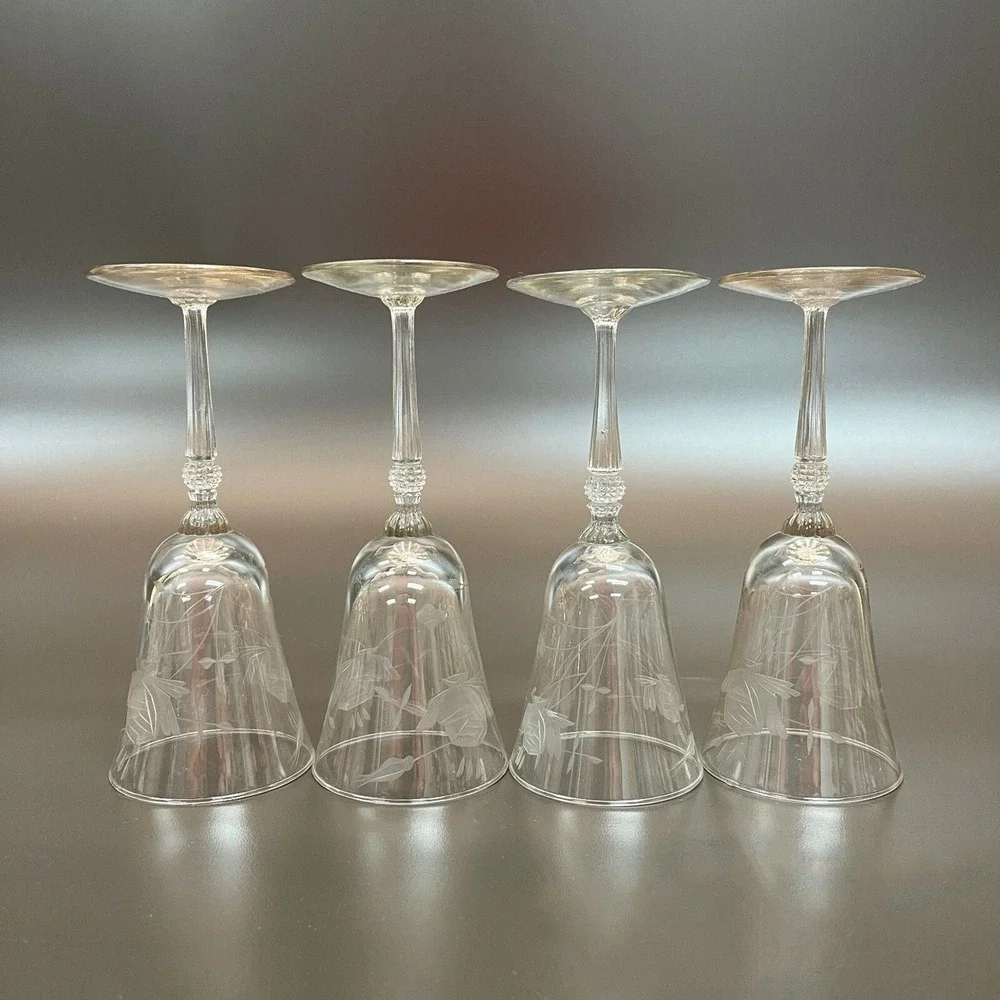 Vintage Etched Glass Glasses Floral Roses Stemmed 6 1/2